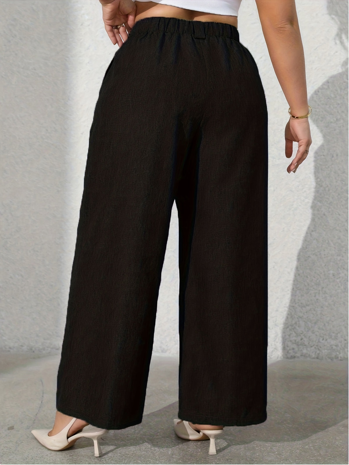 Women's Solid Color Fashion Commuter Wide-Leg Pants with Pockets - Black