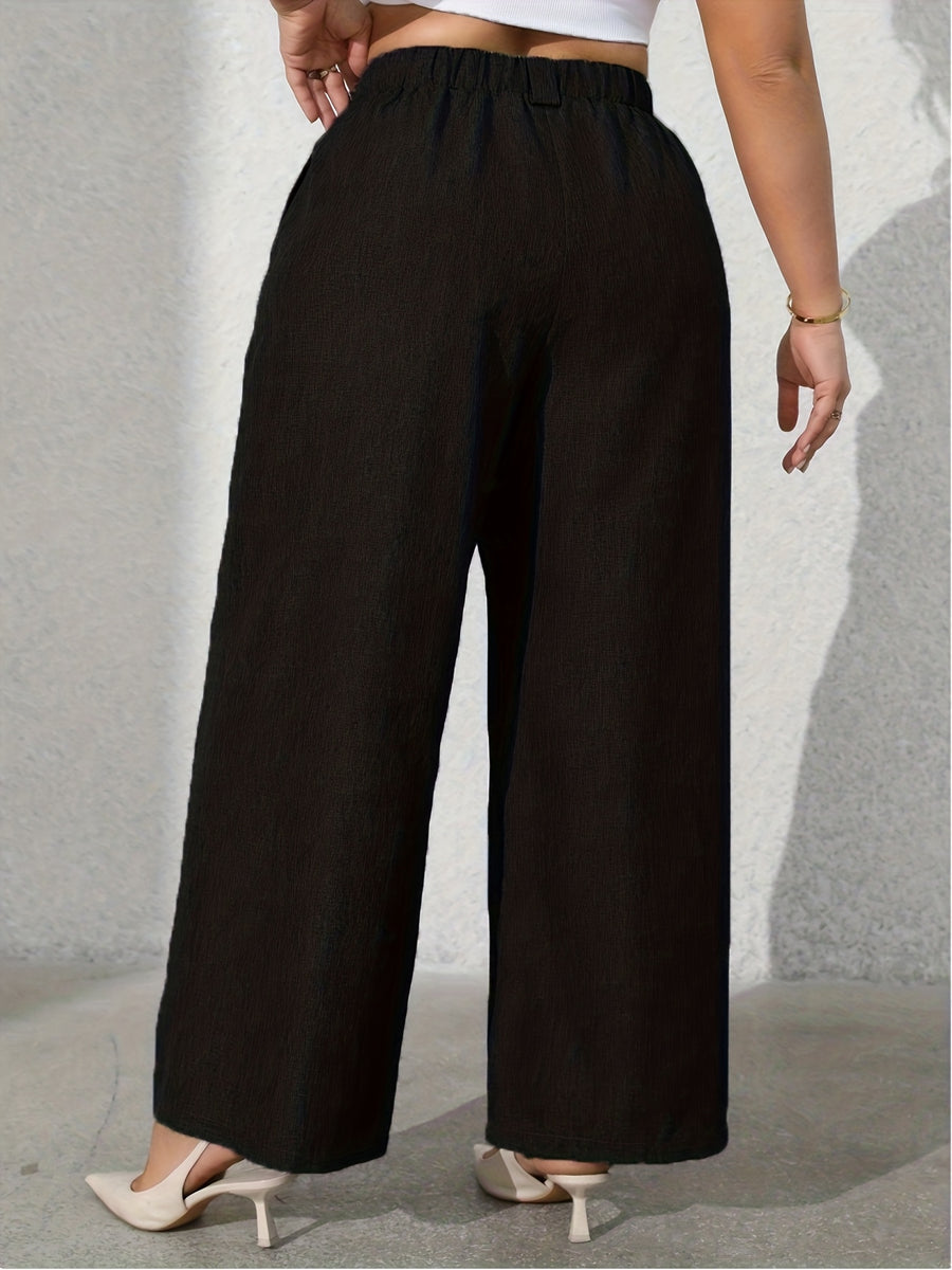 Women's Solid Color Fashion Commuter Wide-Leg Pants with Pockets - Black