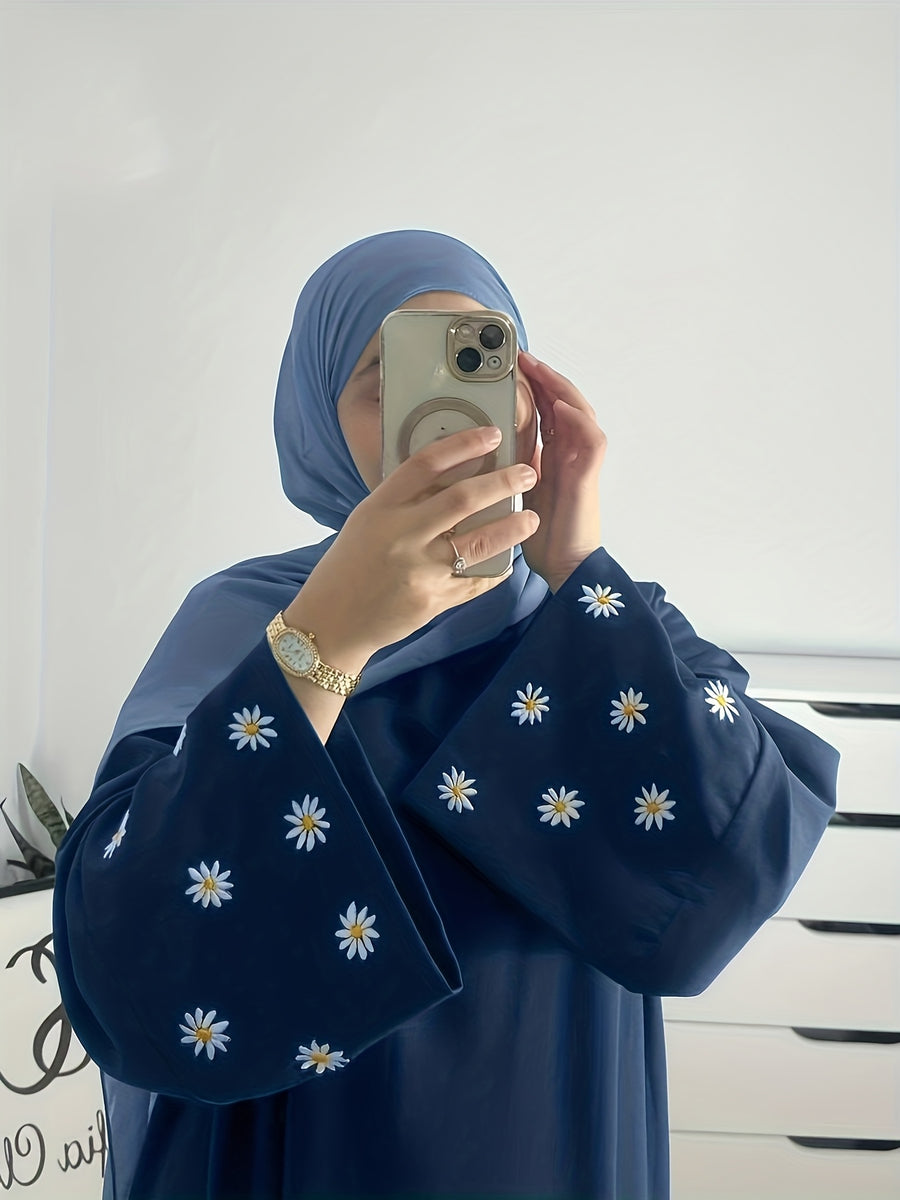 1pc (Headscarf Not Included) Elegant Cute Cuffed Small Daisy Embroidery Dress, Fashionable, Elegant, And Casual Abaya Dress with Embroidered Small Chrysanthemums at The Cuffs, No Scarf, Solid Color, Suitable for Daily Wear - Navy Color