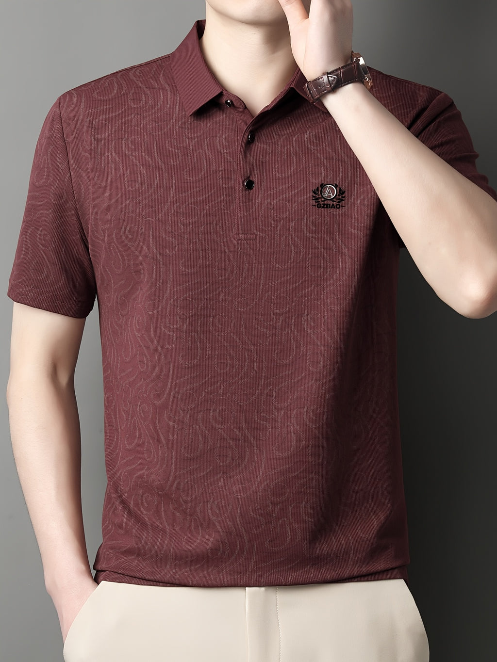 [Saa Xing OBM] 1pc Spring/Autumn New Men'S Polo Shirt, Old Money Style Textured Contrast Print Half-Button Collar Short Sleeve T-Shirt, Fashionable And Versatile Pullover Base Layer Top, Suitable for Spring, Summer, Autumn Wear, Fits Daily Casual - Burgundy color