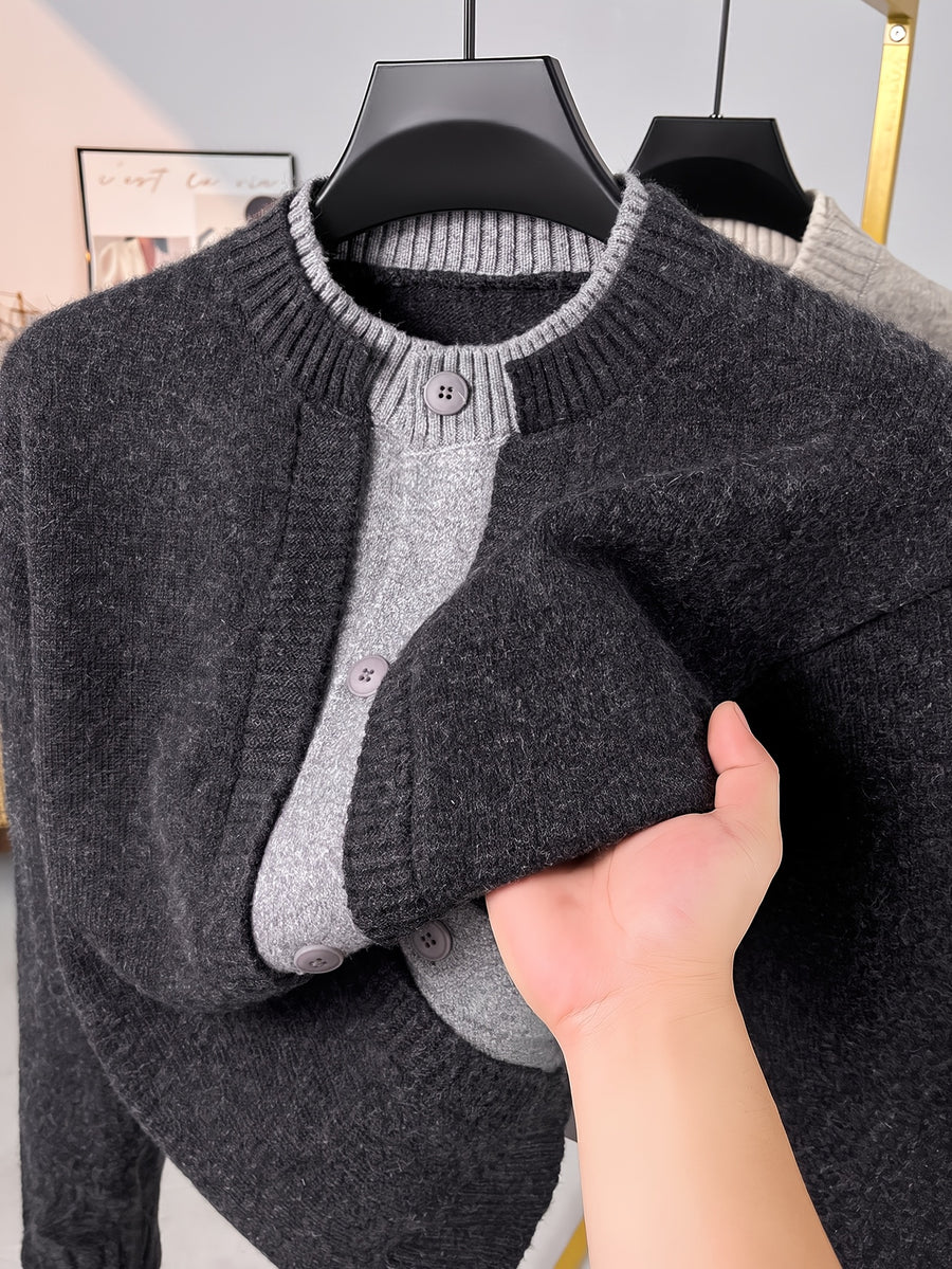 Men's Round Neck Knit Cardigan, Thickened Autumn/Winter Casual Sweater Outerwear, Simple Single-Breasted Button-Up Cardigan - Deep Grey