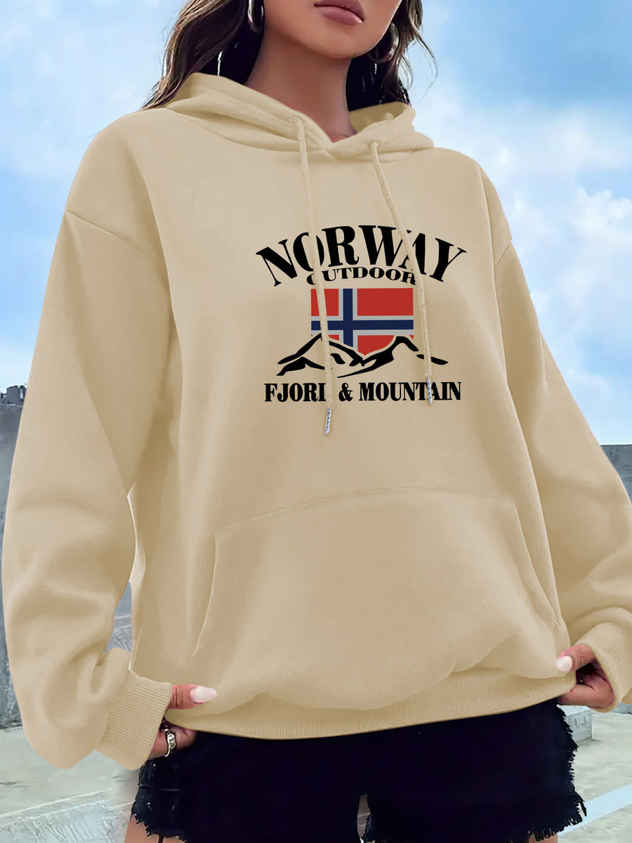 2025 New Women's American Fashion Casual Norwegian Outdoor Letter Print Hoodie with Kangaroo Pocket and Drawstring, 100% Polyester Fabric, Machine Washable, All-Season Y Sweatshirt - Apricot