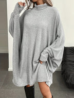 Women's Solid Color High Neck Batwing Sleeve Dress - Light Grey