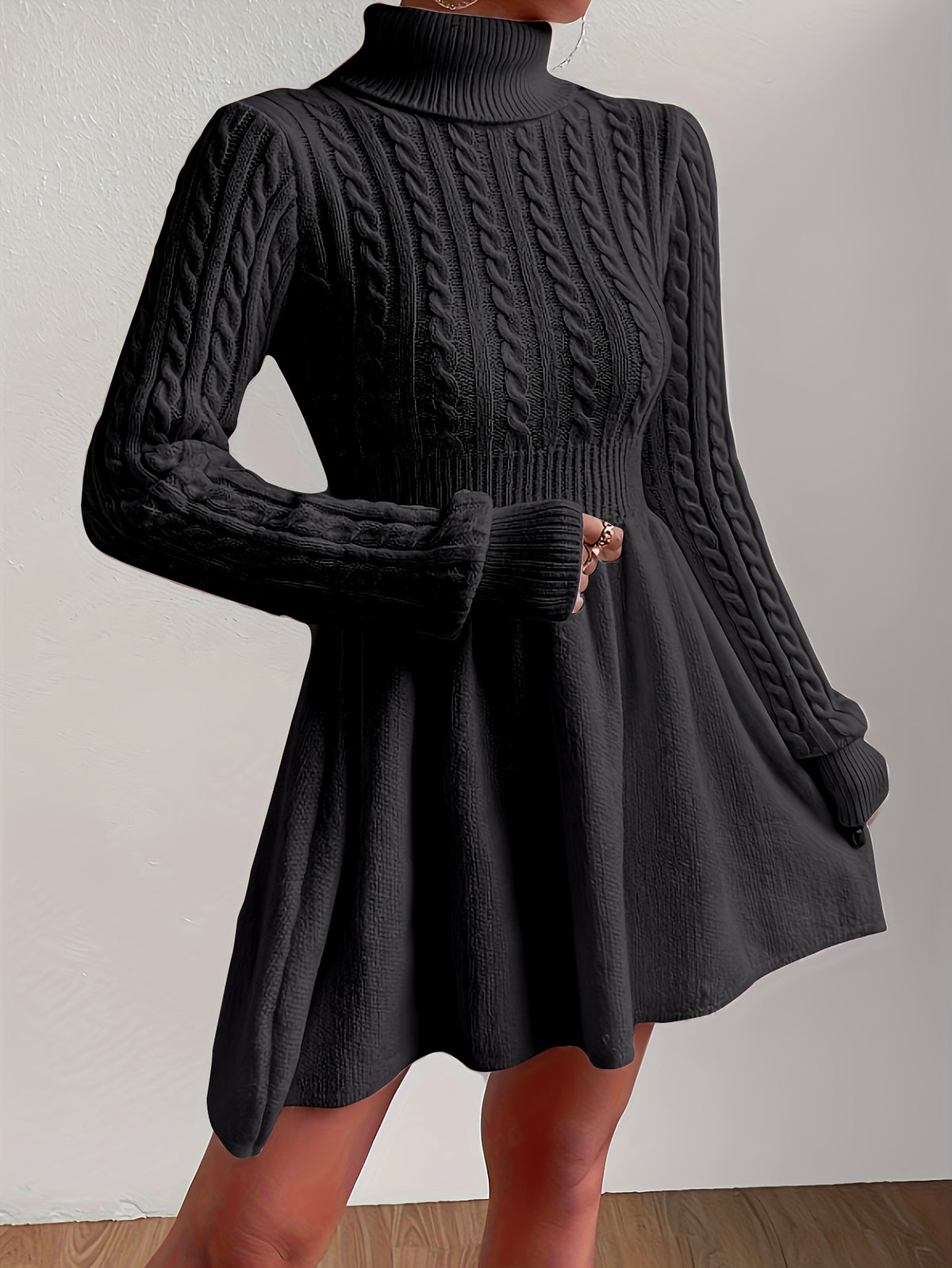 High-Neck Pink Mini Sweater Dress A-Line Dress Christmas Sweater Dress for Women - Black
