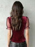 Development Bk260306052]Chic Velvet Sheer Sleeve Corset Top with Lace Trim Elegant Special - Burgundy