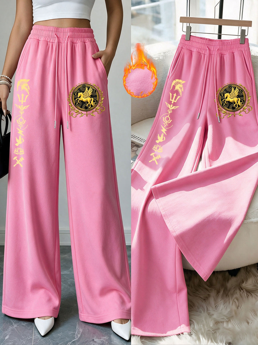 Women'S Casual Warm Straight-Leg Trousers, Adorned with a Golden Mythical Pegasus Emblem Print, High-Waist Drawstring Casual Autumn And Winter Pants - Pink Color