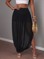 Women's Summer Sexy Solid Color Long Skirt, Asymmetrical Hem Flowy Maxi Skirt, Fashion Party Nightclub Outfit Skirt - Pure Black