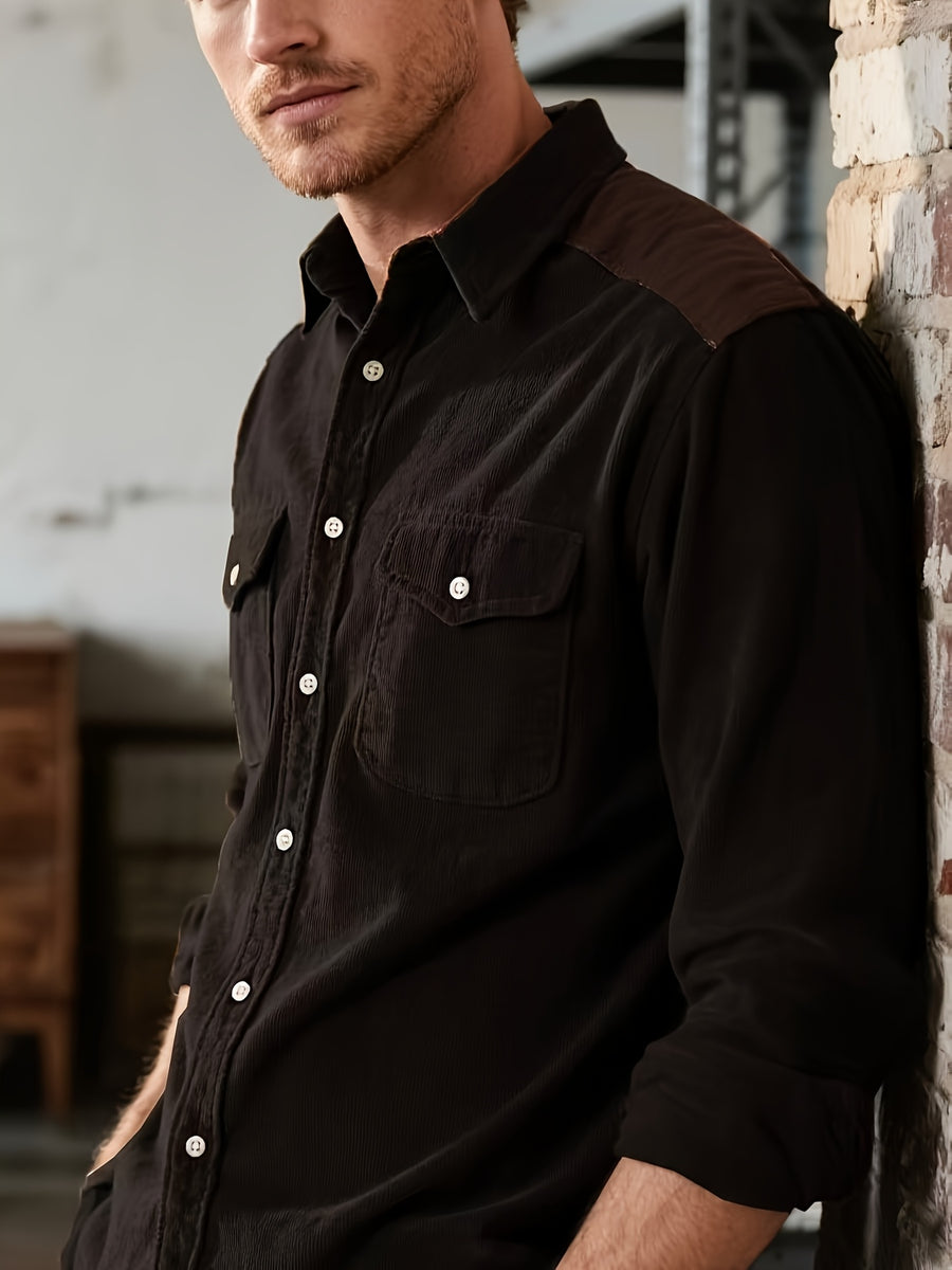 Men'S Retro Corduroy Shirt - Casual Long Sleeve Pocket Shirt, Brown Retro Style Jacket, Suitable for All Seasons, Lapel Design, Loose Fit Suitable for Layering Or Wearing Alone - Black