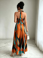 New French-Style Casual Elegant Sexy High-End Design V-Neck Backless Spaghetti Strap Waist-Revealing A-Line Slit Sleeveless Long Dress, Red and Green Floral Print, High-Quality Exquisite Women's Clothing - Multicolor