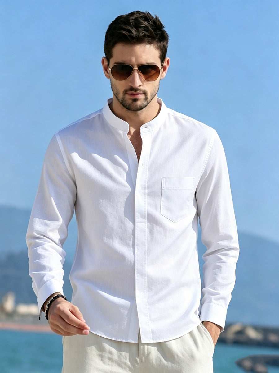 Men'S Mandarin Collar Long Sleeve Dress Shirts, Full Single Button Shirts with Chest Pocket, Solid Color Business & Daily Casual Tops - White