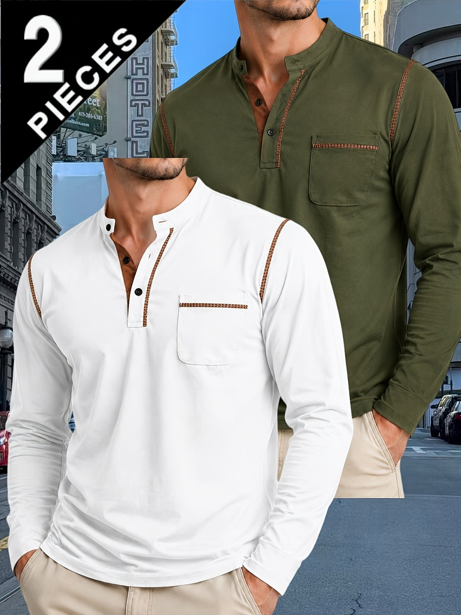 2pcs Men'S Autumn Winter Stand-Collar Long Sleeve Henley Shirts, Contrast Color Pinstripe Polo Shirts with Pockets, Soft And Breathable Sweat-Absorbing, Business Casual Basic Long Sleeve Top, Skin-Friendly Soft Fabric Comfortable, Sweat-Resistant - White + Army Green
