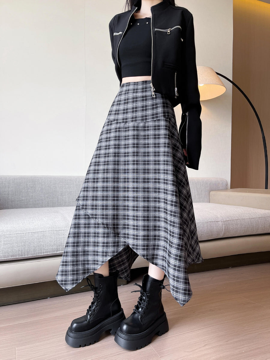 1pc, New Elegant, Irregular Plaid Midi Skirt, Suitable for Spring, Autumn And Summer, High Waist, Zipper Style A-Line Skirt - Black