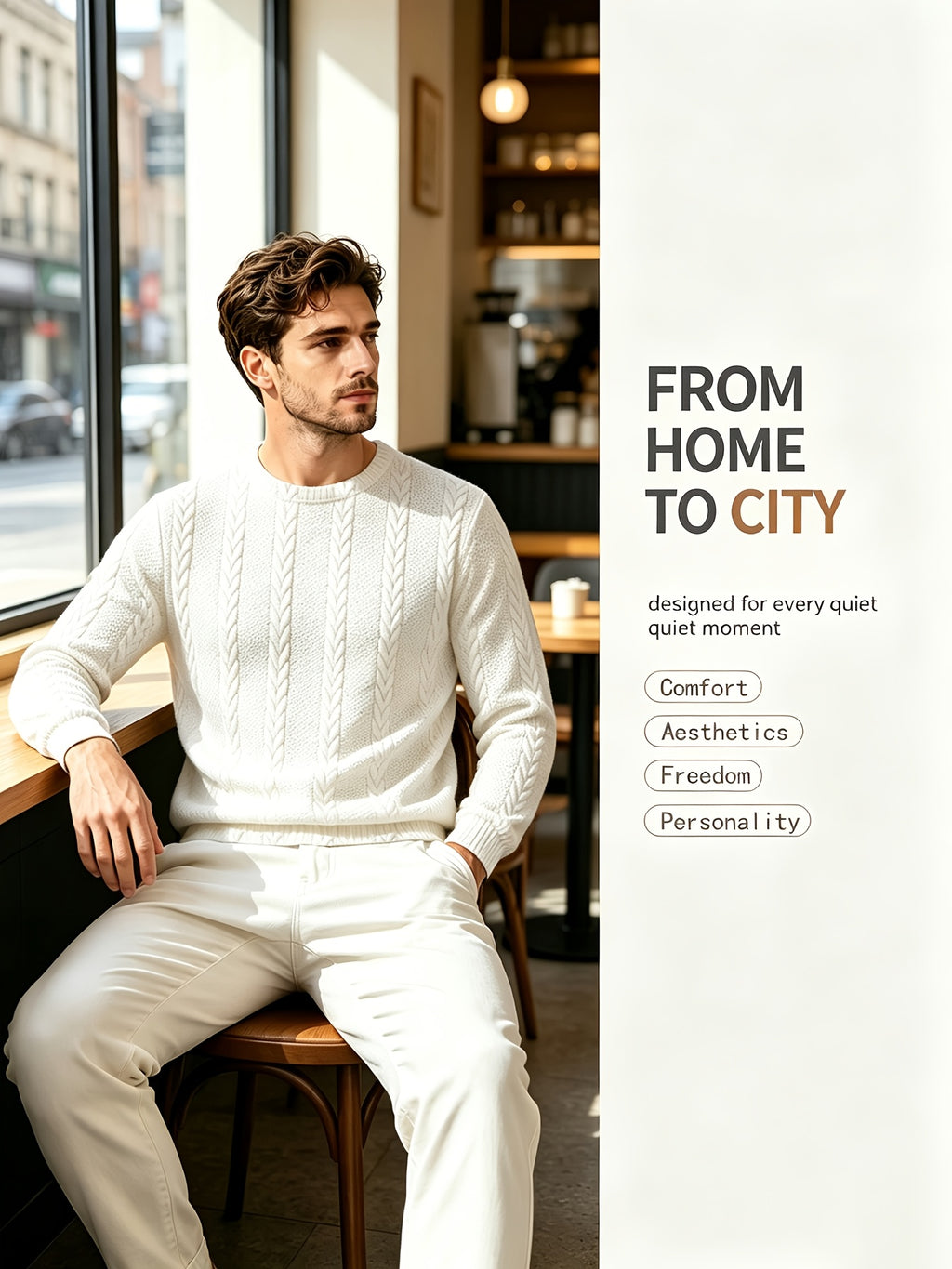 Men's Crew Neck Jacquard Sweatshirt, Fashionable and Versatile Sweatshirt for Spring and Autumn, Suitable for Outerwear or Layering, Features Three-Dimensional Visual Texture, Comfortable to Wear, Ideal for Casual, Vacation, Travel, and Home Wear - White