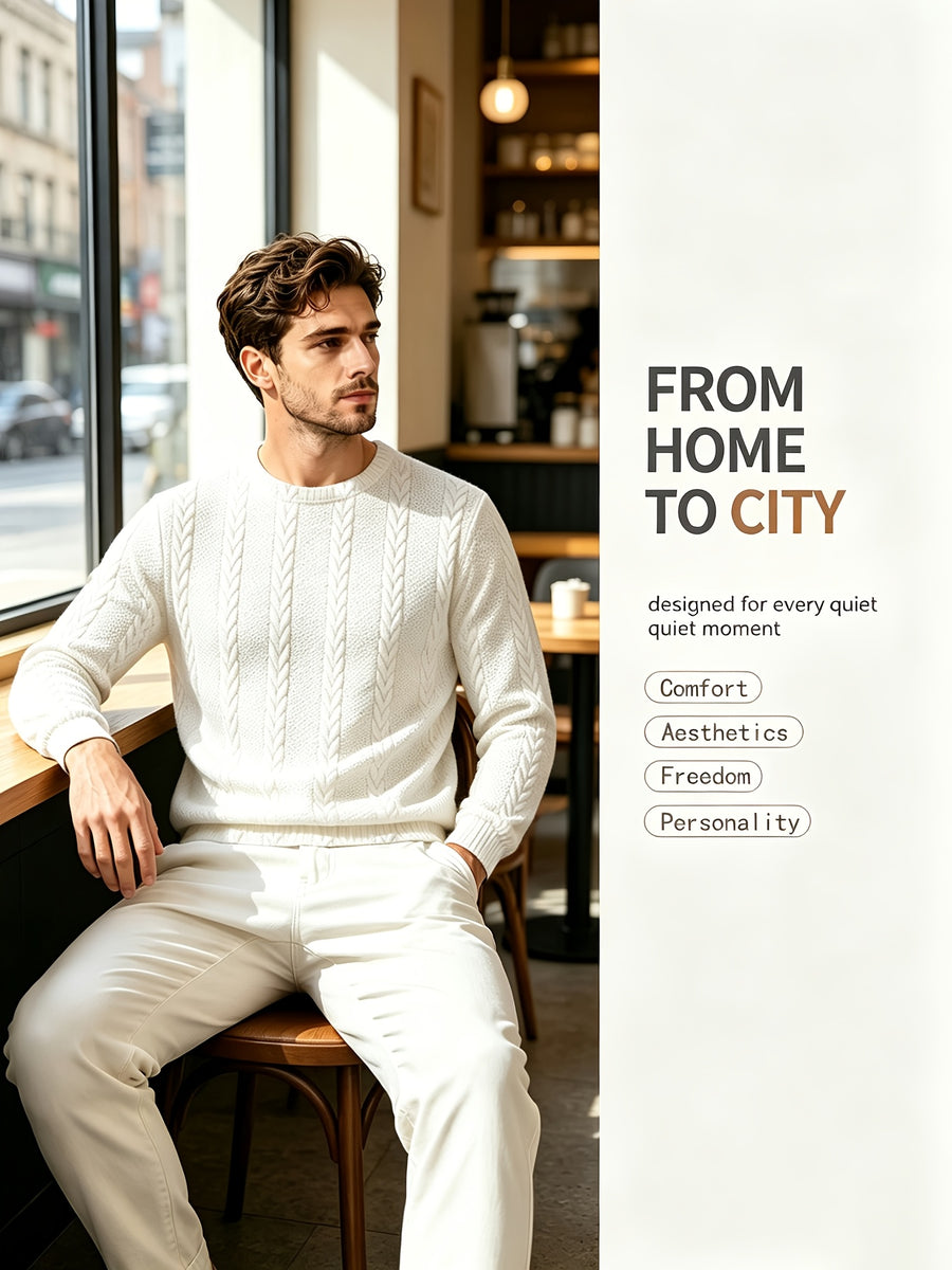 Men's Crew Neck Jacquard Sweatshirt, Fashionable and Versatile Sweatshirt for Spring and Autumn, Suitable for Outerwear or Layering, Features Three-Dimensional Visual Texture, Comfortable to Wear, Ideal for Casual, Vacation, Travel, and Home Wear - White