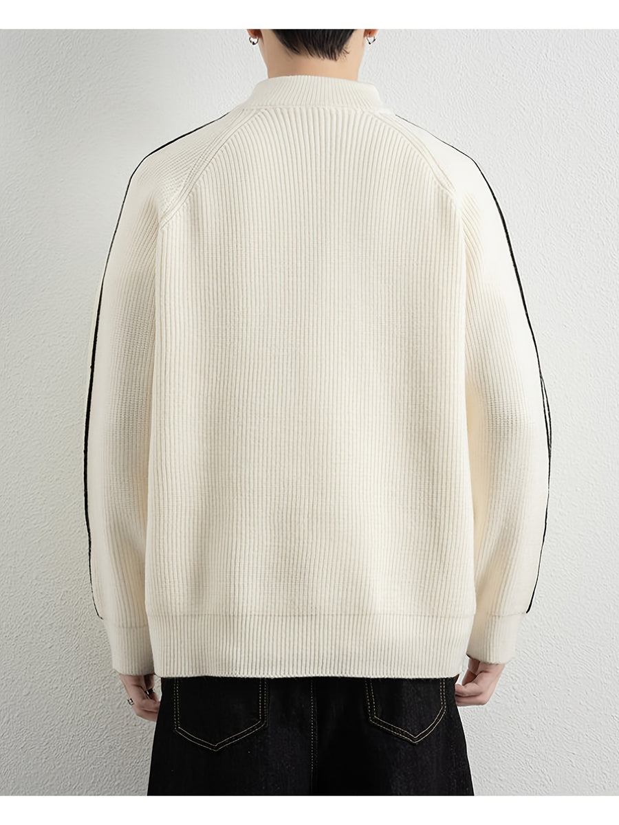 [Wading Whale OBM] Spring/Autumn New Men'S Knit Cardigan, Old Money Style Color-Block Striped Zipper Front Stand Collar Cardigan for Men, Business Casual Fashion Knitwear, Suitable for Spring, Autumn, Winter Layering Or Outerwear, Fits Daily Casual - White