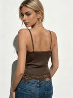 Women'S Sexy Lace Trim Ribbed Cami Top - Coffee Brown
