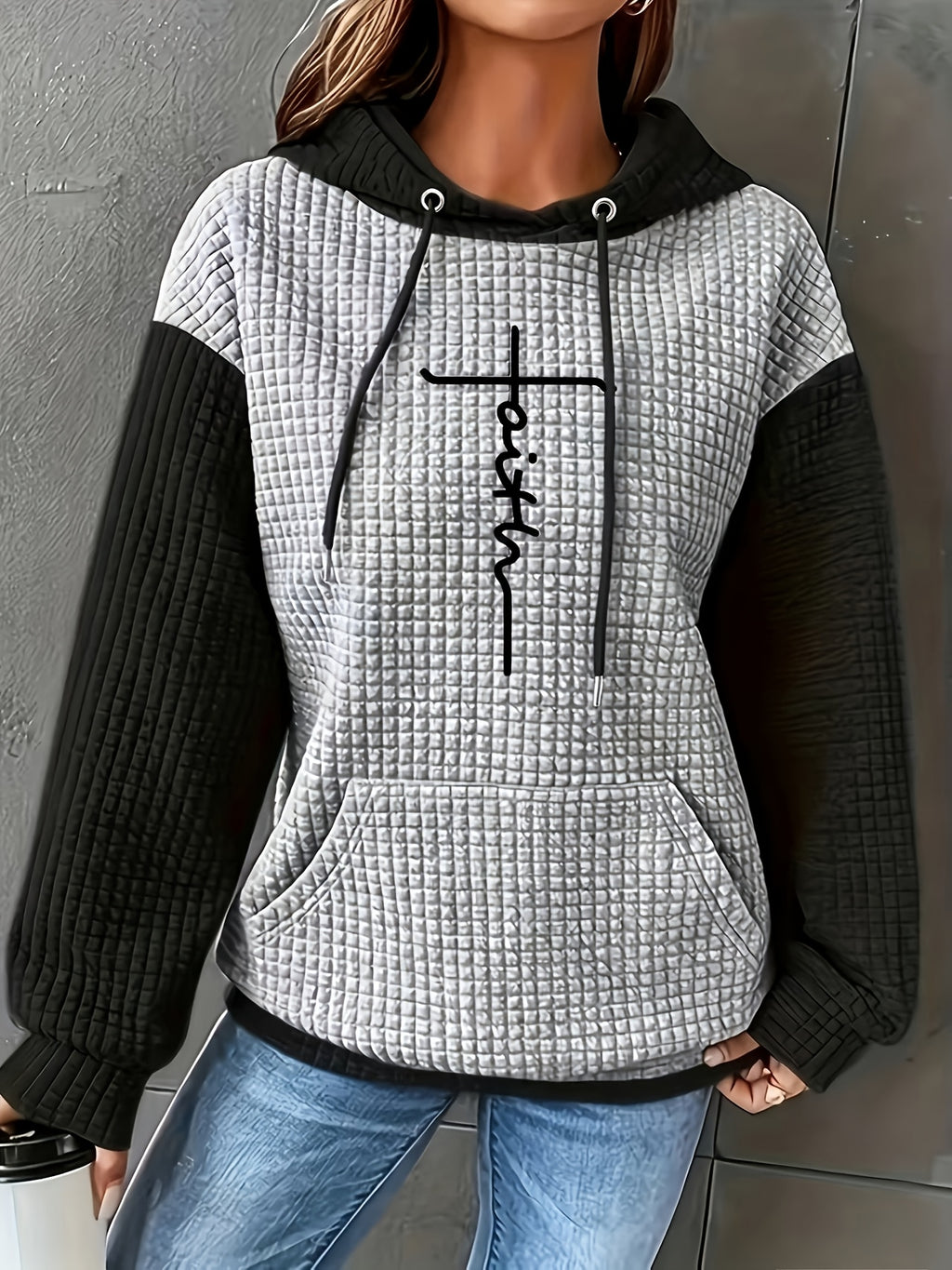 Women's Casual Oversized Hoodie with Checkered Texture & Letter Print, Kangaroo Pocket, Long Sleeve Loose Fit Sweatshirt for Fall Winter, Machine Washable, Fall Fashion, Relaxed Style, Comfortable Texture, Print Sweatshirt, Cozy Wear - Grey