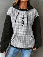 Women's Casual Oversized Hoodie with Checkered Texture & Letter Print, Kangaroo Pocket, Long Sleeve Loose Fit Sweatshirt for Fall Winter, Machine Washable, Fall Fashion, Relaxed Style, Comfortable Texture, Print Sweatshirt, Cozy Wear - Grey