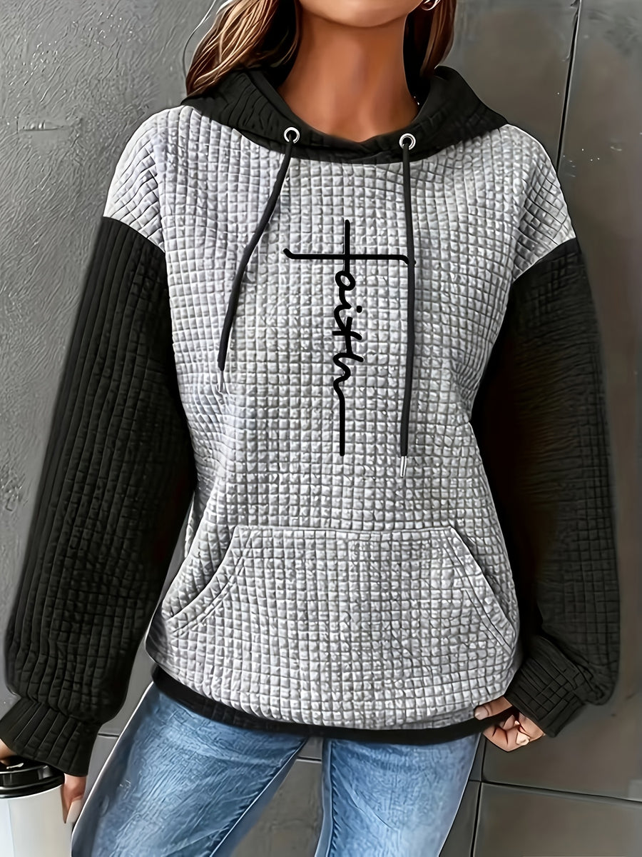 Women's Casual Oversized Hoodie with Checkered Texture & Letter Print, Kangaroo Pocket, Long Sleeve Loose Fit Sweatshirt for Fall Winter, Machine Washable, Fall Fashion, Relaxed Style, Comfortable Texture, Print Sweatshirt, Cozy Wear - Grey