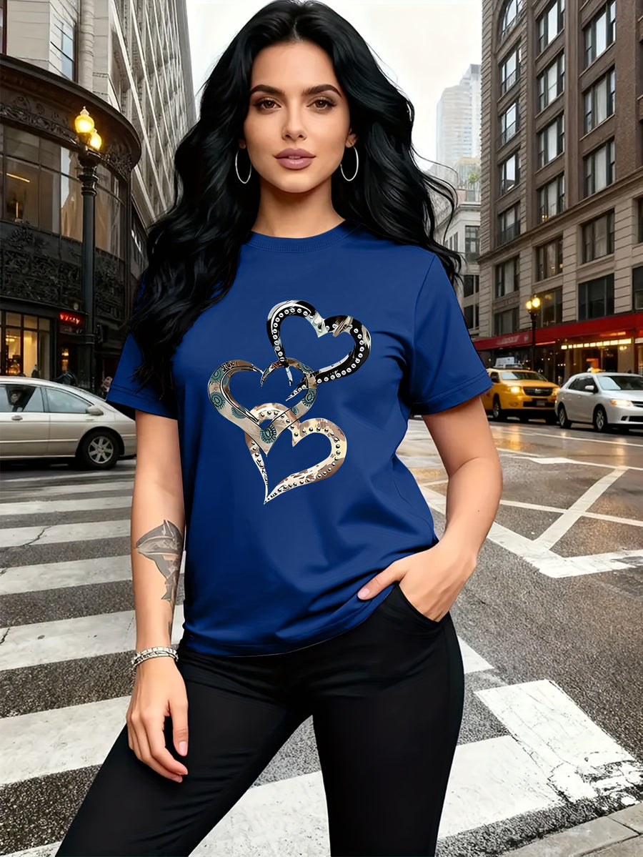 Emotion and Love" Representative, Metallic Art Heart Print Trendy Fashion, Simple Round Neck Casual Versatile Short Sleeve Women's T-Shirt for Leisure, Travel, and Vacation - Blue