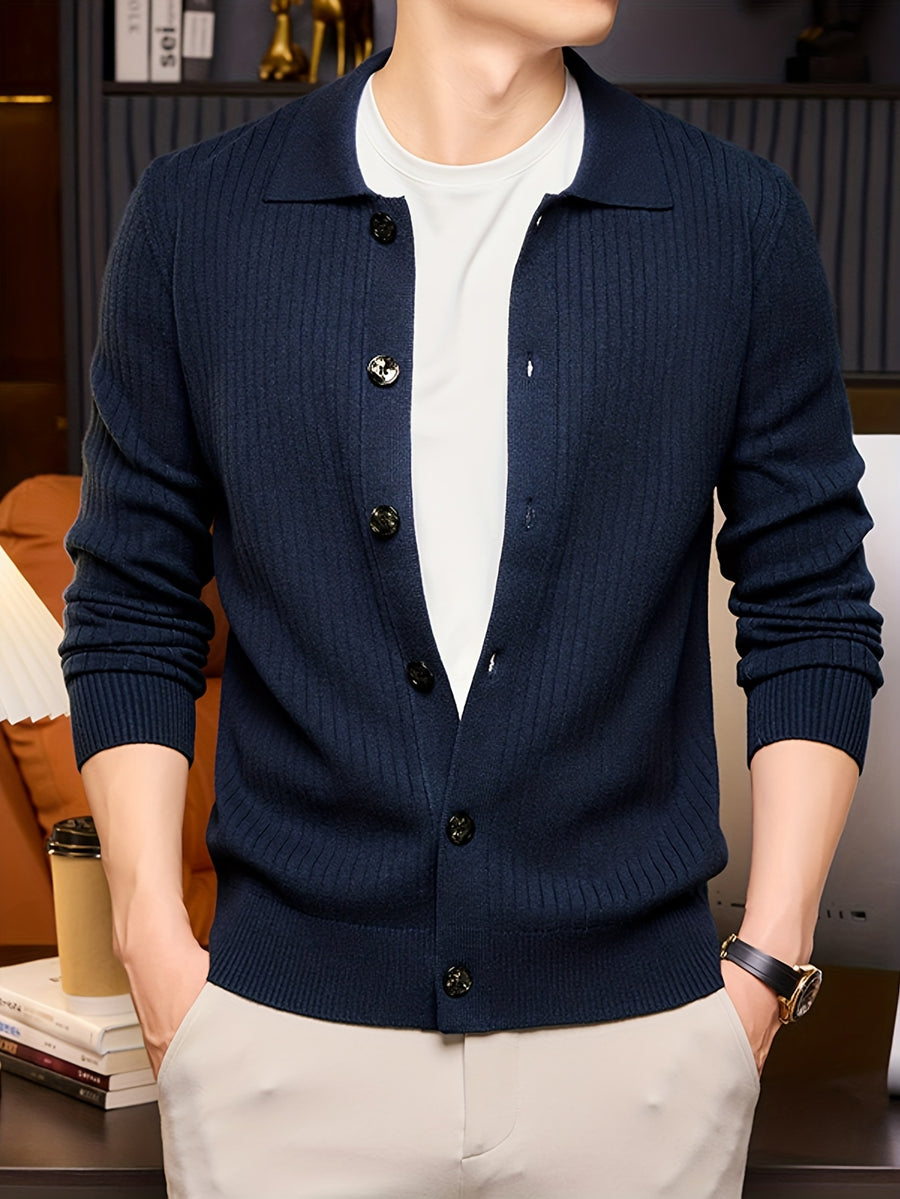 [Starry Prosperity] Autumn Winter Men'S Knit Solid Color Ribbed Open Cardigan Long Sleeve Casual Vertical Striped Lapel Sweater Jacket - Purplish Blue
