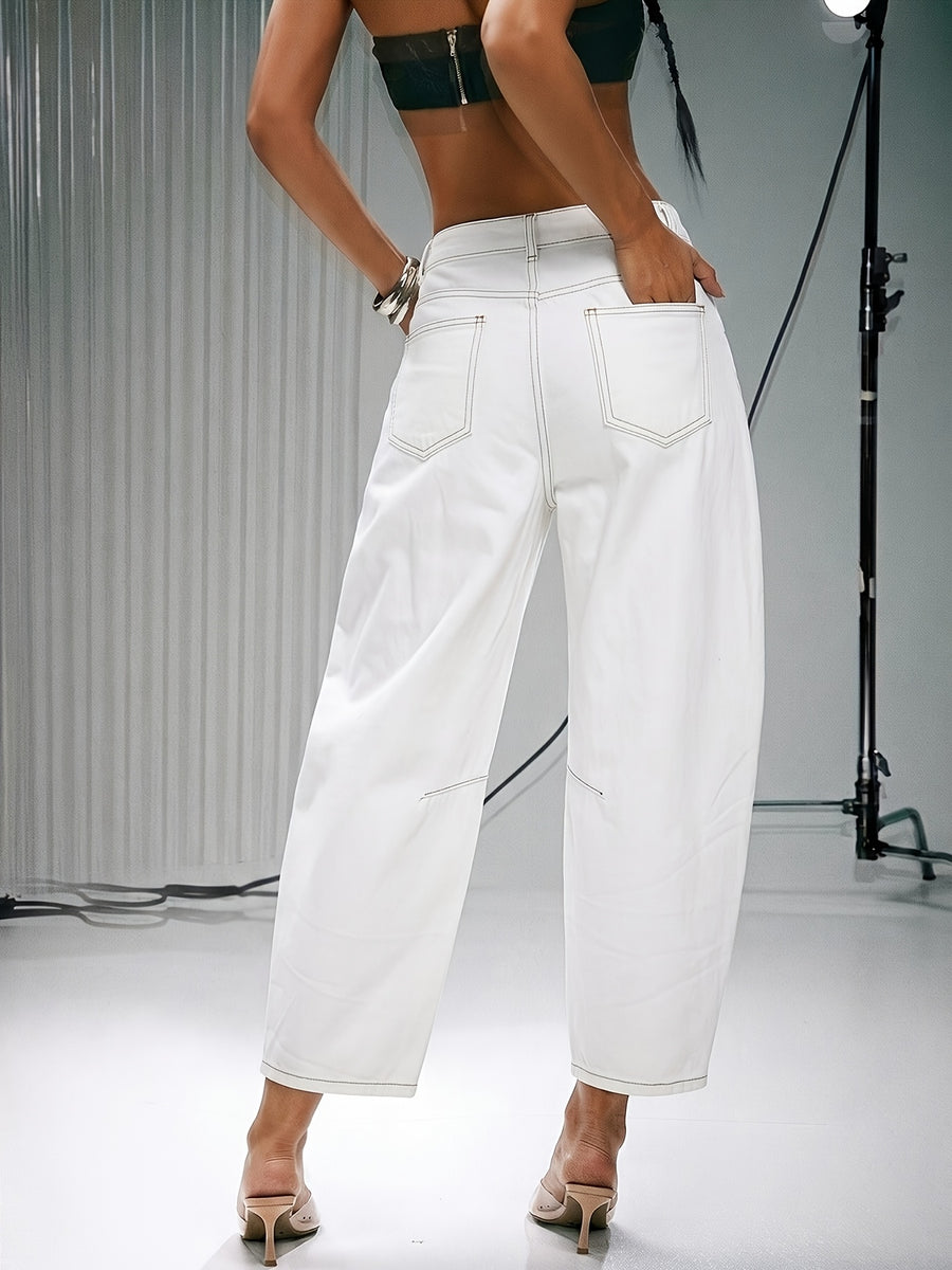 Denim Women'S Loose Non-Stretch Mid-Waist Ankle Pants Solid Color Zipper Fly Casual All-Match Daily All-Season New - Off-white