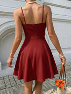 Women's Summer Elegant Spaghetti Strap Criss-Cross Neckline Asymmetrical Hem Dress - Red