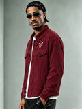Men'S Corduroy Jacket, Autumn Winter Retro Stand Collar Long Sleeve Coat, Double Pocket Cow Head Print Cargo Casual Top, Loose All-Match Street Style Men'S Jacket - Burgundy