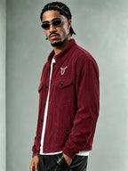 Men'S Corduroy Jacket, Autumn Winter Retro Stand Collar Long Sleeve Coat, Double Pocket Cow Head Print Cargo Casual Top, Loose All-Match Street Style Men'S Jacket - Burgundy