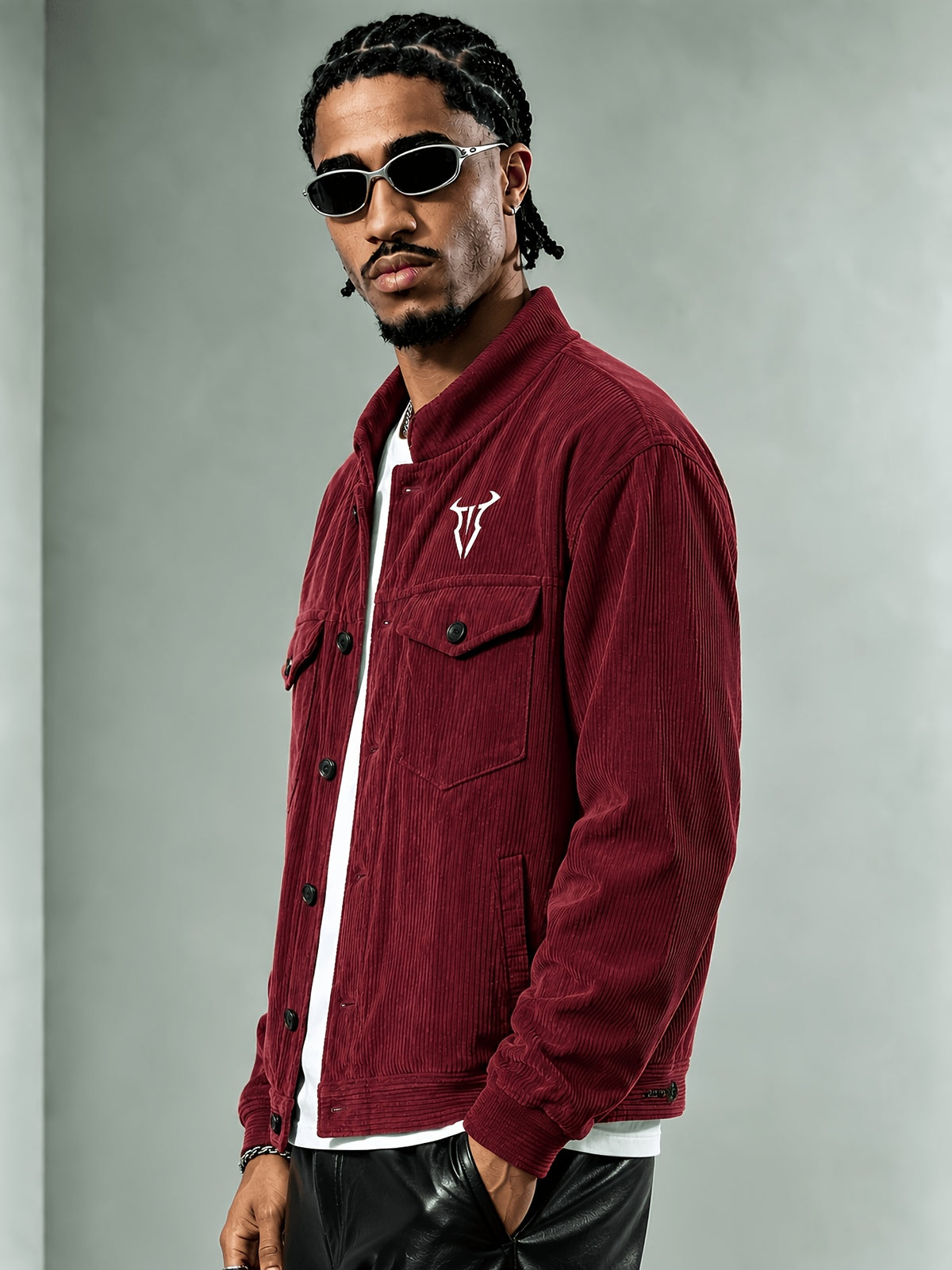 Men'S Corduroy Jacket, Autumn Winter Retro Stand Collar Long Sleeve Coat, Double Pocket Cow Head Print Cargo Casual Top, Loose All-Match Street Style Men'S Jacket - Burgundy