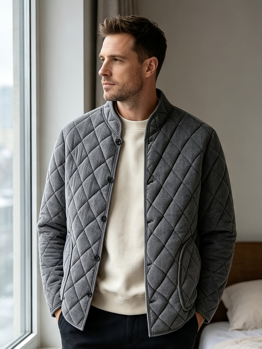 Men's Winter -Lined Padded Coat, Solid Color with Diamond Diagonal Stitching, Pockets, Stand-Up Collar, Casual Warm Outerwear - Grey
