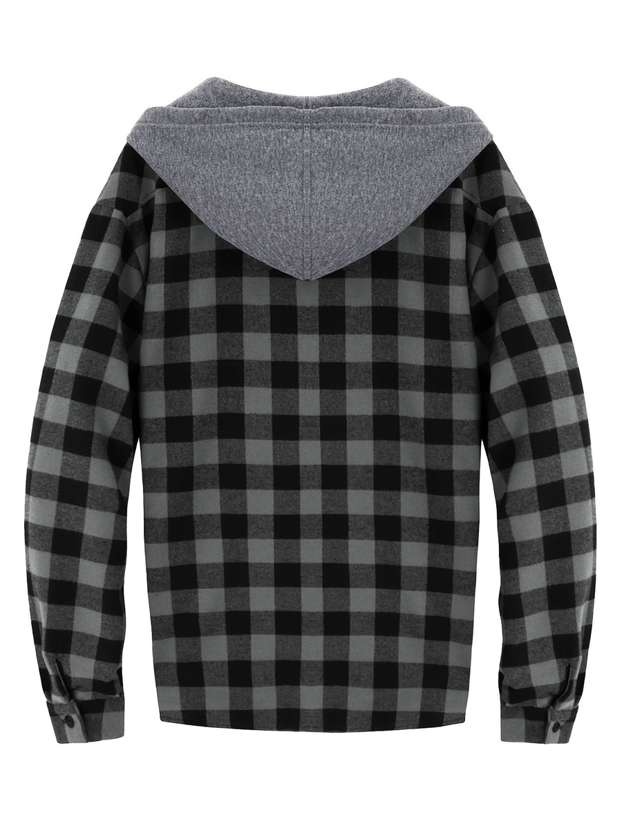 Men's Fashion Hooded Plaid Trendy Shirt Hooded Plaid Sweatshirt, Autumn/Winter Essentials, New Season - Dark Gray