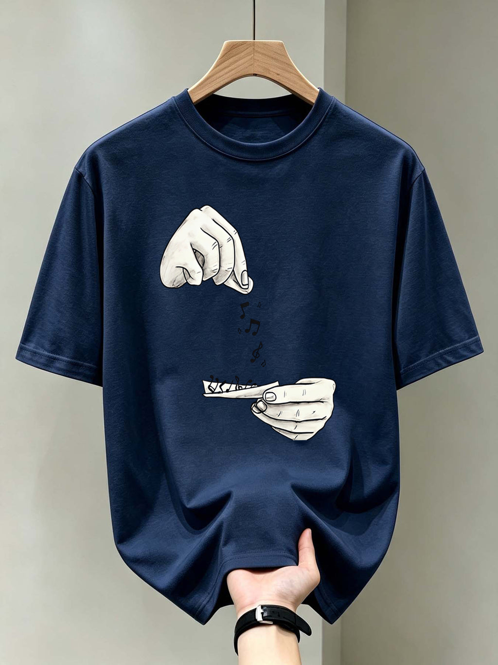 Men'S Short-Sleeve Printed T-Shirt, Item, Music-Themed Graphic on Black Background, Relaxed Fit, Suitable for Back-To-School Season, Casual, Work, Vacation, Everyday Casual - Navy Color