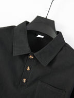 95% Linen Long Sleeve Polo Shirt Fall Winter Midweight Crinkle Texture 3 Wooden Buttons Single Chest Pocket Lapel Casual Top - Black