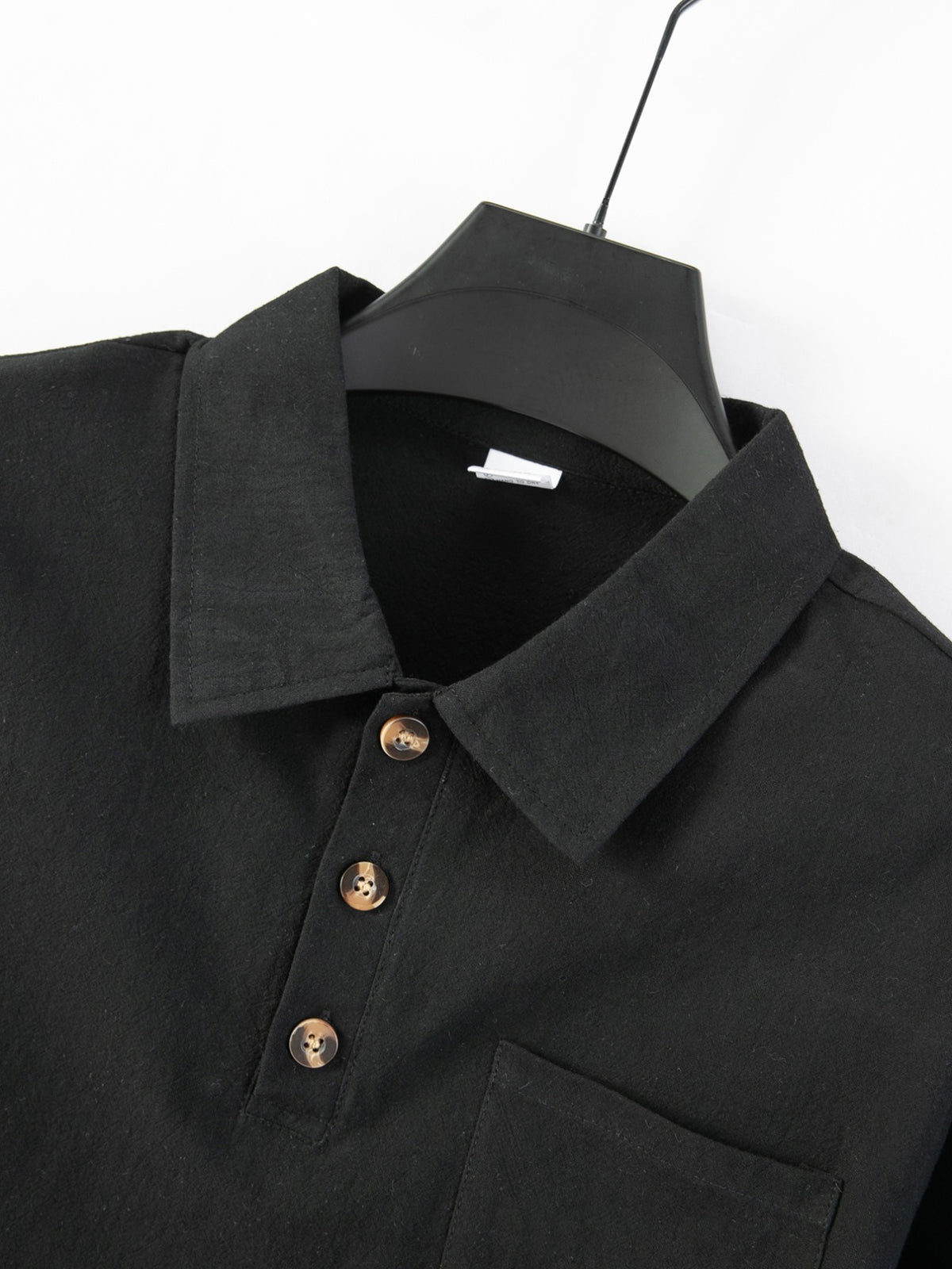 95% Linen Long Sleeve Polo Shirt Fall Winter Midweight Crinkle Texture 3 Wooden Buttons Single Chest Pocket Lapel Casual Top - Black