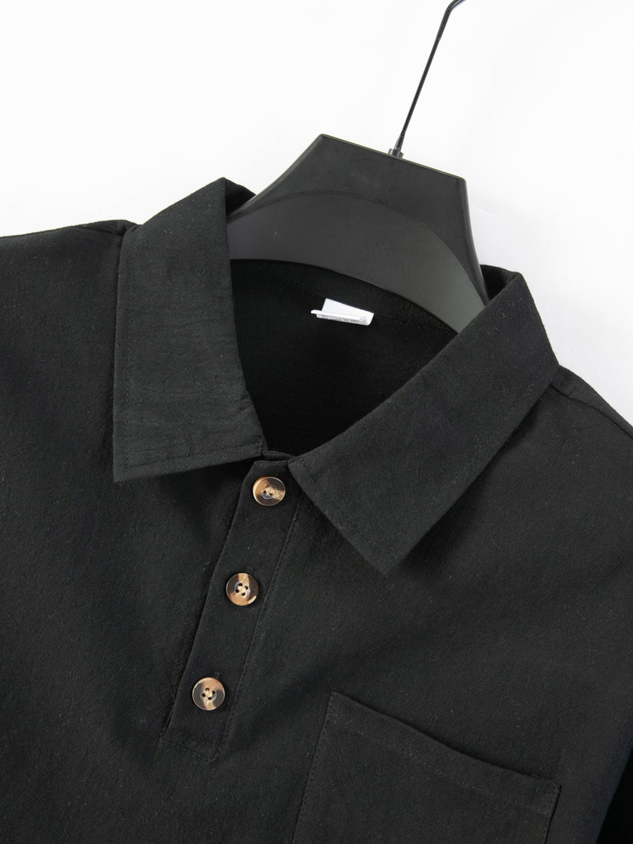 95% Linen Long Sleeve Polo Shirt Fall Winter Midweight Crinkle Texture 3 Wooden Buttons Single Chest Pocket Lapel Casual Top - Black