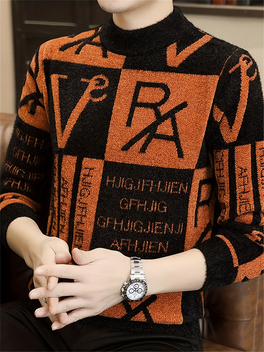 [Maiqiqi Obm]New Autumn And Winter Men'S Knitted Pullover, Round Neck Letter Patchwork Knit Sweater, Featuring a Unique Combination of Letters And Text Elements, Creating a Distinct Street Fashion Vibe And a Casual Stylish Atmosphere - Orange-Red