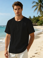Men'S Linen Blend Henley Short Sleeve T-Shirt V-Neck Button Casual Breathable Lightweight Summer Beach Top - Black
