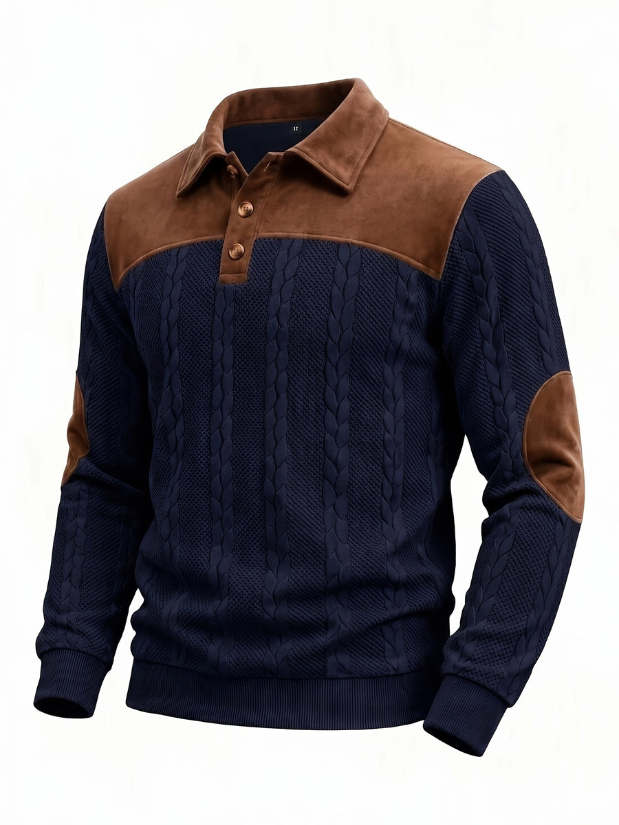 New Men's Autumn/Winter Brushed Ribbed Cable Knit Casual Color-Block Jacquard Long Sleeve Patchwork Plush Sport Henley High-Neck Top - Navy Color
