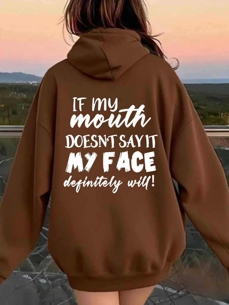 Women's Back Print Hooded Sweatshirt with Back Design - All-Season Casual Sweater, Relaxed Fit Machine Washable Sweaters with Hood, Cozy Sweaters for Women (Geometric/Text/Number/Graphic Prints) - Coffee Color