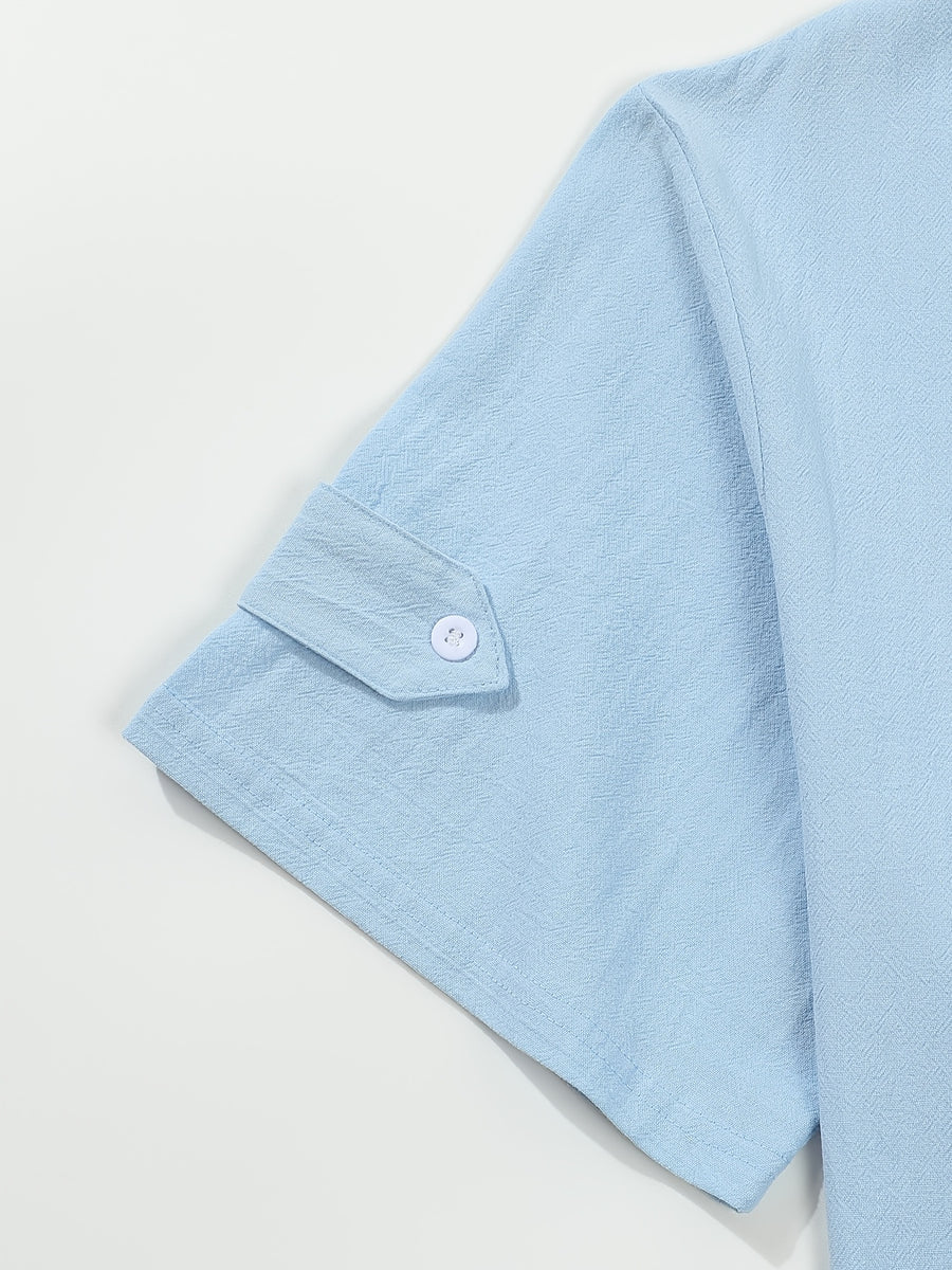 Men'S Stand Collar Short V-Neck Top, Lightweight Comfortable Solid Color Casual Shirt, Commute Easy Single Piece T-Shirt - Sky Blue