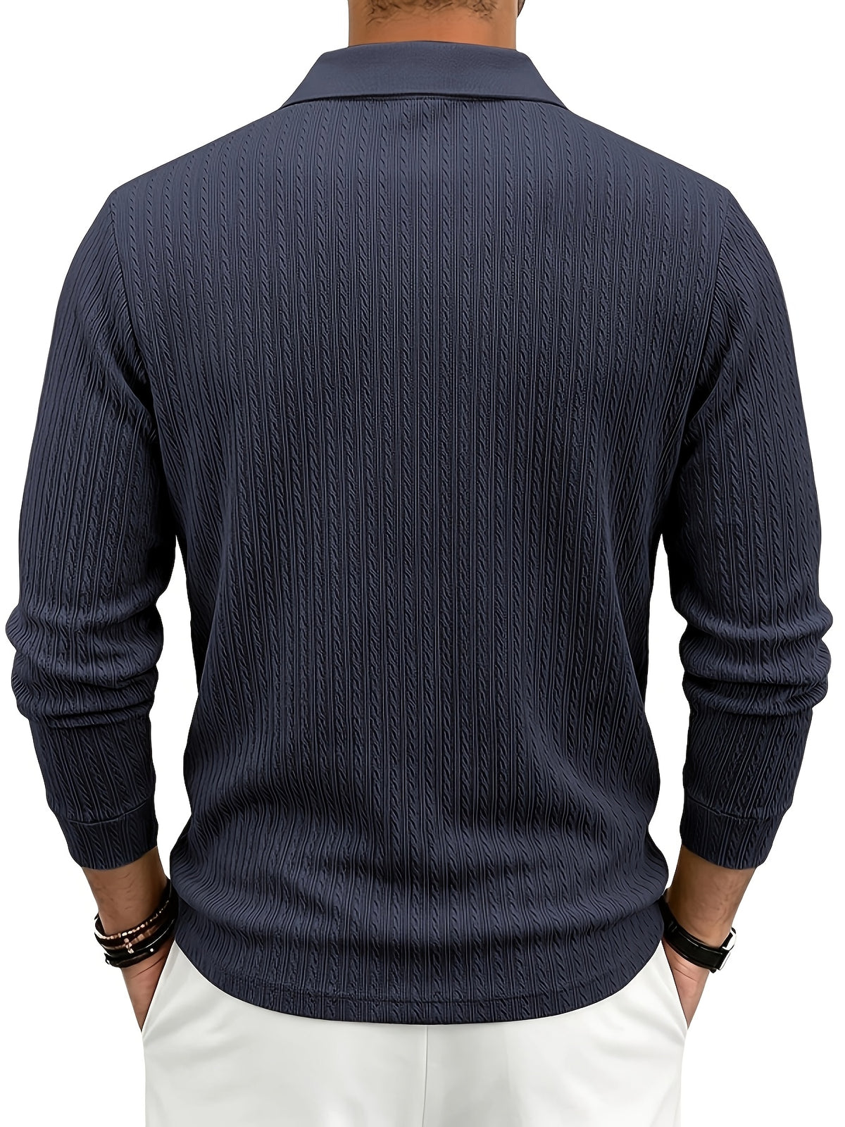 Autumn/Winter New Arrival: 1pc Men's Twisted Cable Vertical Stripe Knit Long-Sleeve Polo Shirt, Three-Dimensional Jacquard Texture, Classic Lapel, Vintage Brown Wood Grain Three-Button, Stretchy Soft Knitted Fabric, Solid Color Minimalist Top - Navy Color