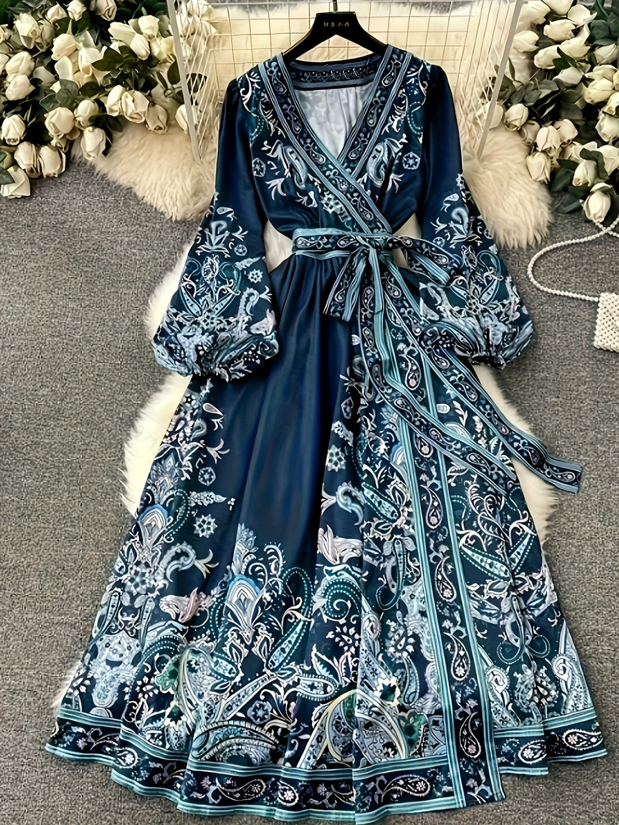 New Elegant Vintage Court-Style Middle Eastern Long Robe, Traditional Ethnic Print Maxi Dress with Deep V-Neck, Waist Belt, Lantern Sleeves, and Long Length for Women - Navy Color