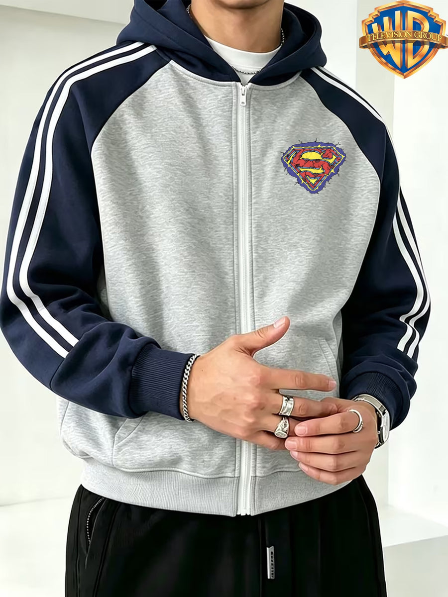 Autumn Winter New Men'S Hooded Jacket Top, Street Trendy Casual All-Match Color-Block Patchwork Coat, Retro Cracked Superman S Logo Shield Print, High Street Trendy Fashion Loose Couple Sweatshirt, Suitable for Casual Home And Outdoor Sports - Light Twist Gray