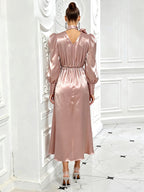 Elegant Women's Dress with Large Bow Tie Belt - Pink