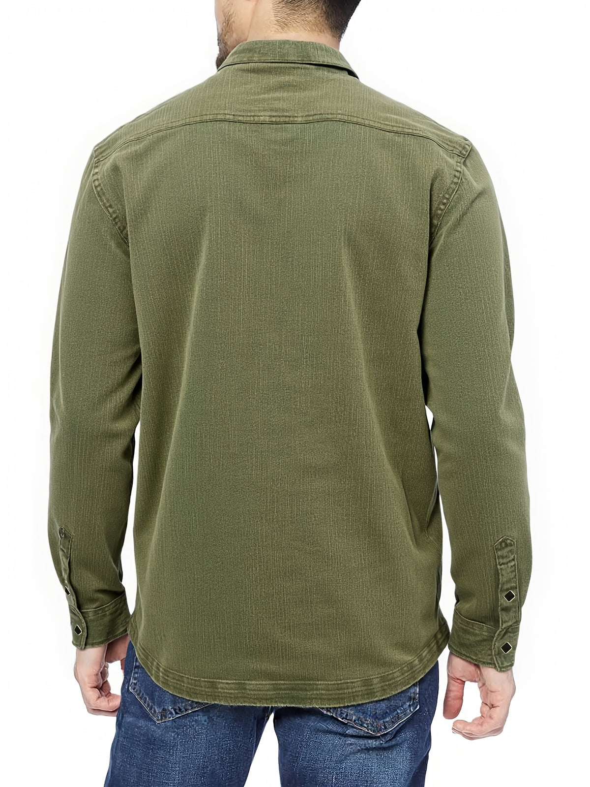 Men's Casual Denim Stand Collar Half-Open Placket Henley Shirt with Chest Pocket and Long Sleeves - Olive