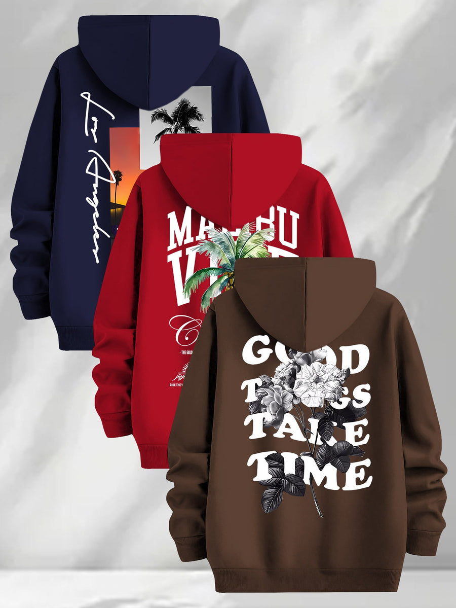 3pcs Trendy Print Sweatshirt, Men's Casual Hooded Sweatshirt, Long-sleeve Pullover, Slightly Stretchy, Knitted Polyester Fabric, Regular Fit Men's Hoodie - Red+Navy Blue+Coffee Color