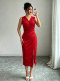 V Neck Ruched Bodycon Midi Dress, Women's Sleeveless Golden Button Side Slit Elegant Formal Dress for Work & Party - Red