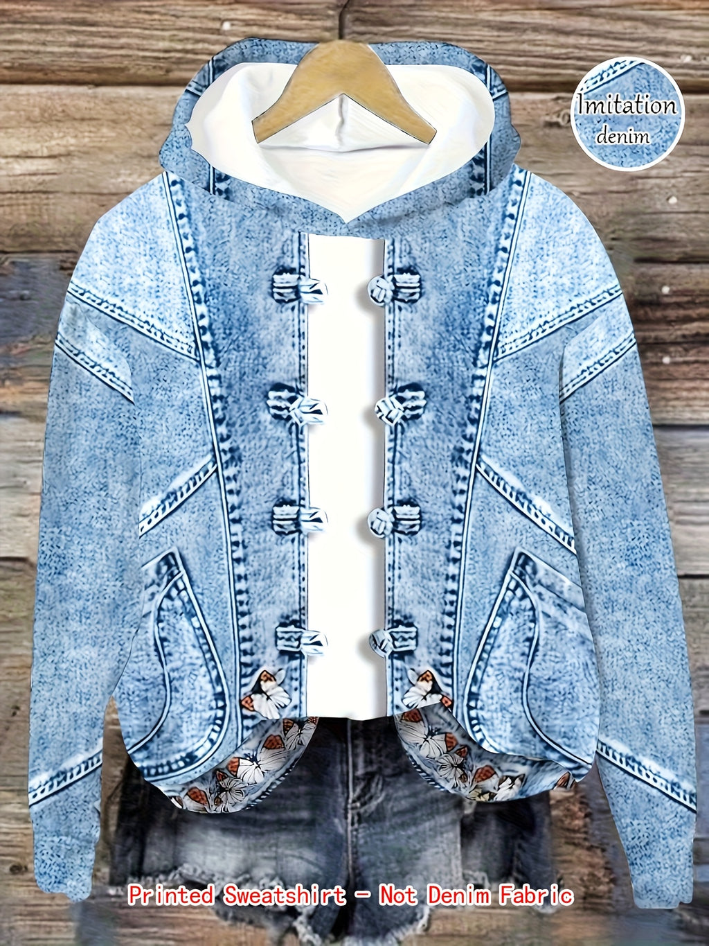 Denim Printed Hooded Sweatshirt - Blue