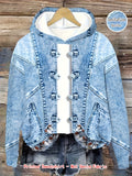 Denim Printed Hooded Sweatshirt - Blue